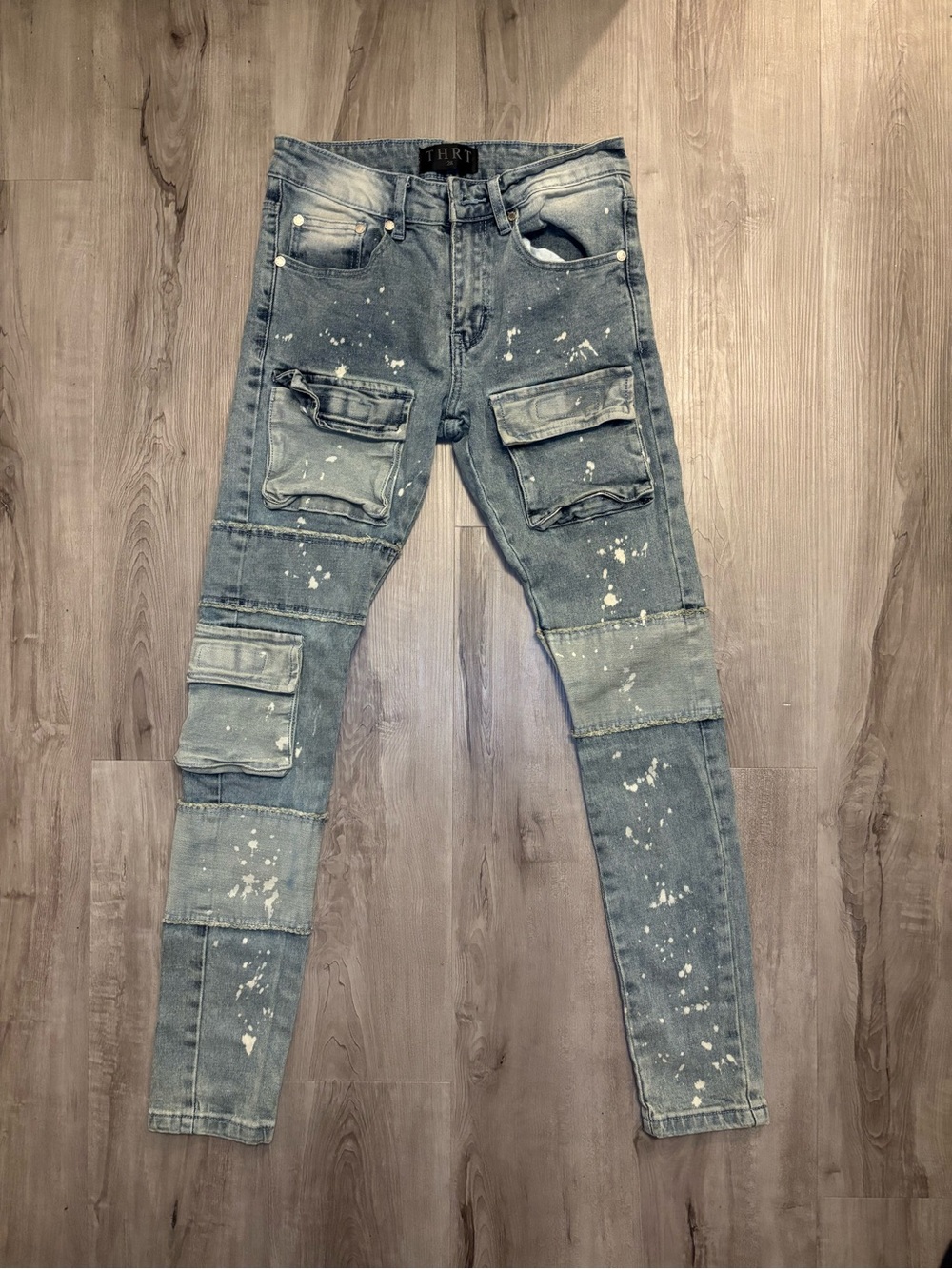 Slim Cargo Paint-Effect Skinny Jeans in Washed Blue